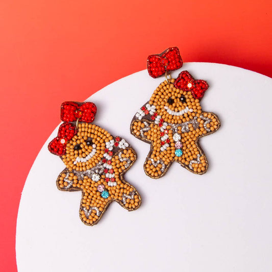 Gingerbread Woman Beaded Dangle Earrings with Red Bow Accent
