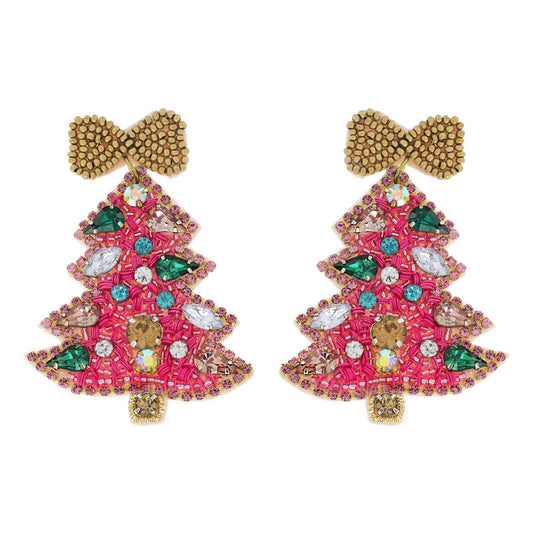 Jeweled Christmas Tree Beaded Embroidery Earrings: Pink