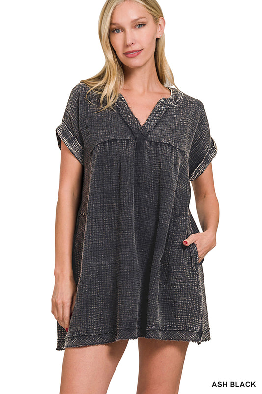 Ash Black Gauze V-Neck Dress