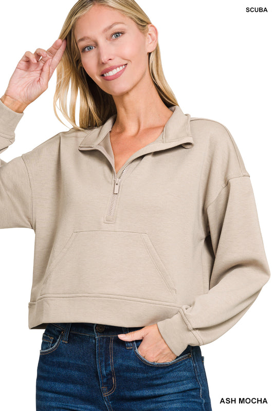 Cropped Scuba Half Zip Pullover-Mocha