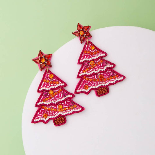 Bead Rhinestone Embellished Christmas Tree Dangle Earrings