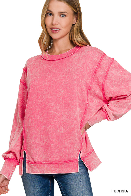 Acid Wash Terry Sweatshirt-Fuchsia