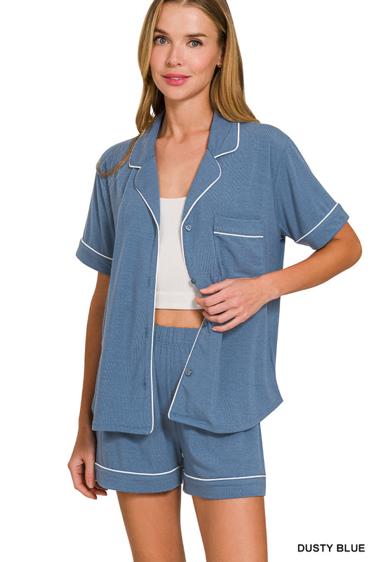 Short Sleeve Button Down-Dusty Blue