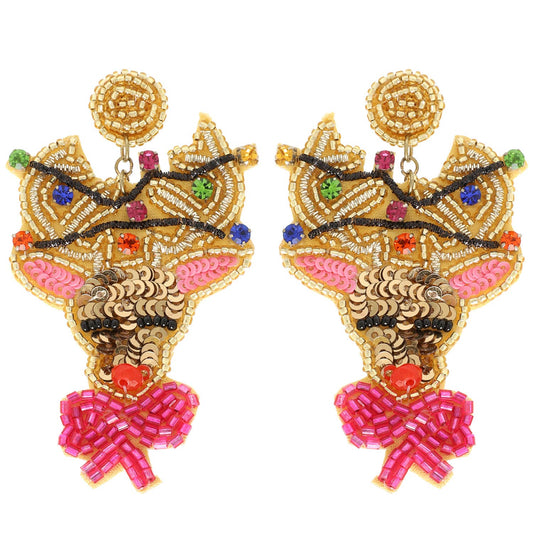 Christmas Reindeer Bead Embroidered Earrings : Pink