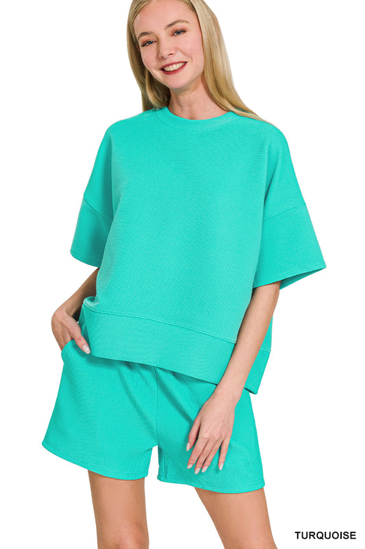 Turquoise Ribbed Tee & Shorts Set