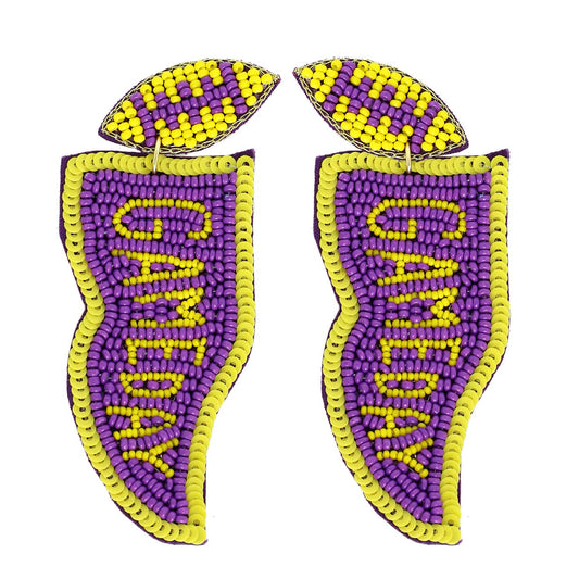 Game Day Letter Beaded Sequins Flag Post Earrings : Purple White