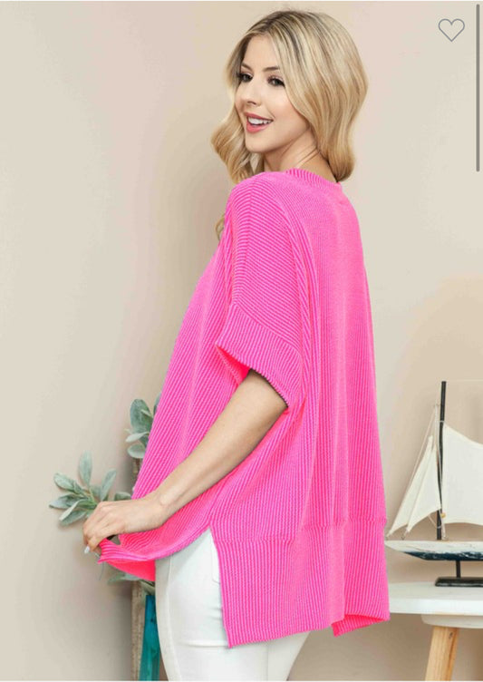 Ribbed Short Sleeve Tee-Fuchsia