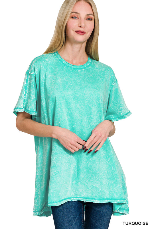 Oversized Acid Wash Tee-Turquoise