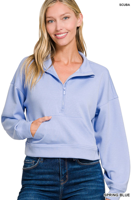 Cropped Scuba Half Zip Pullover-Spring Blue