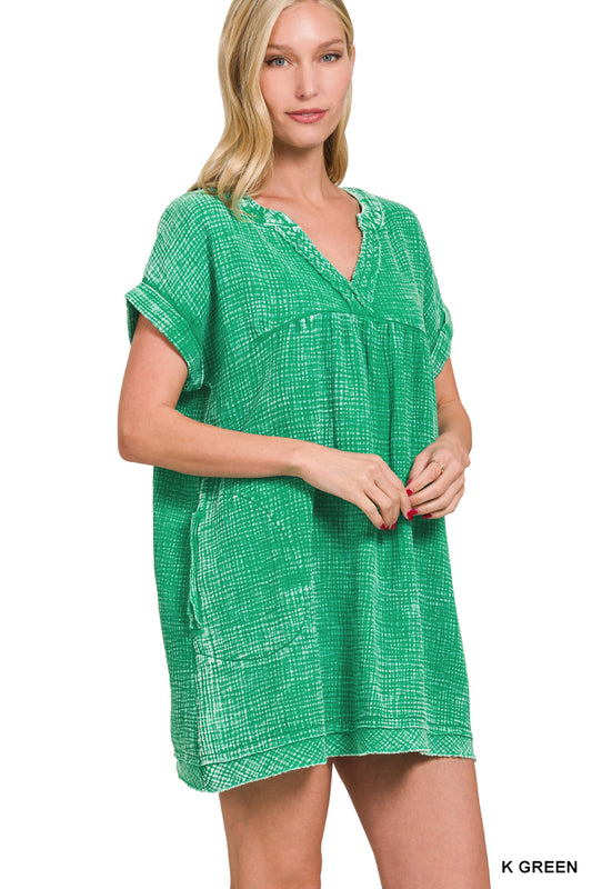 Kelly Green Gauze V-Neck Dress