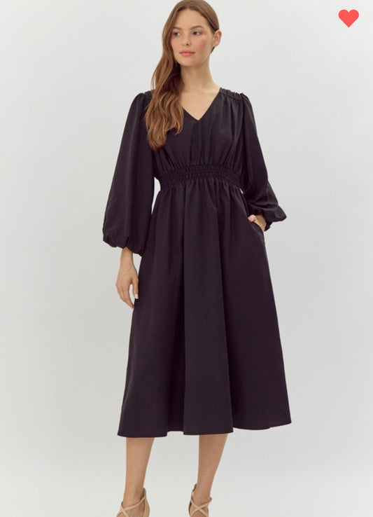 Black Smocked Waist Midi Dress