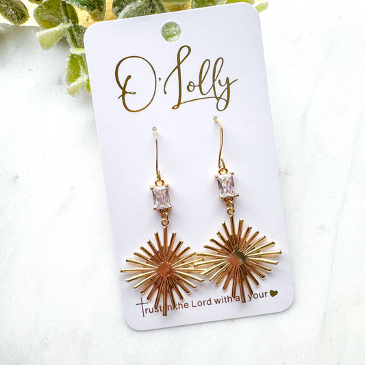 Cubic Zirconia Stone w/Gold Burst Dangle Earrings “Kenna”