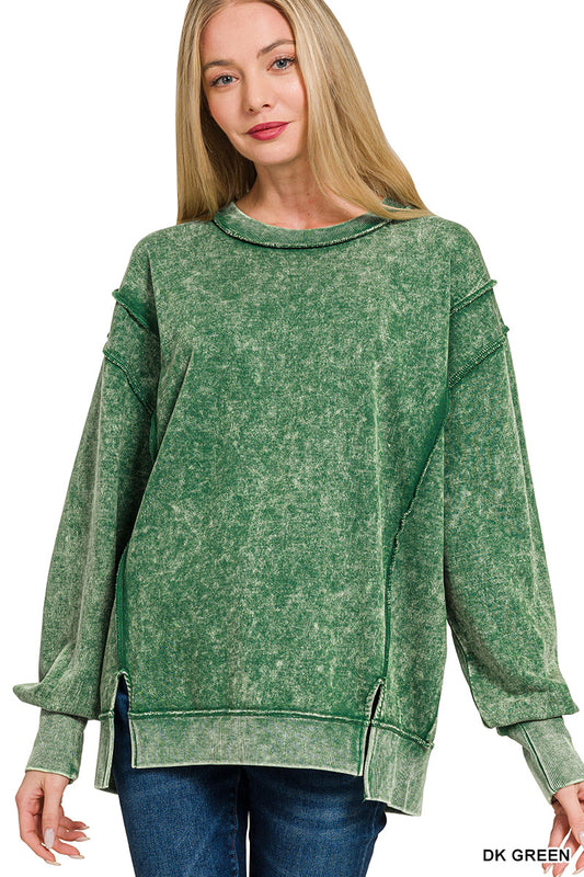 Acid Wash Terry Sweatshirt-Dk. Green