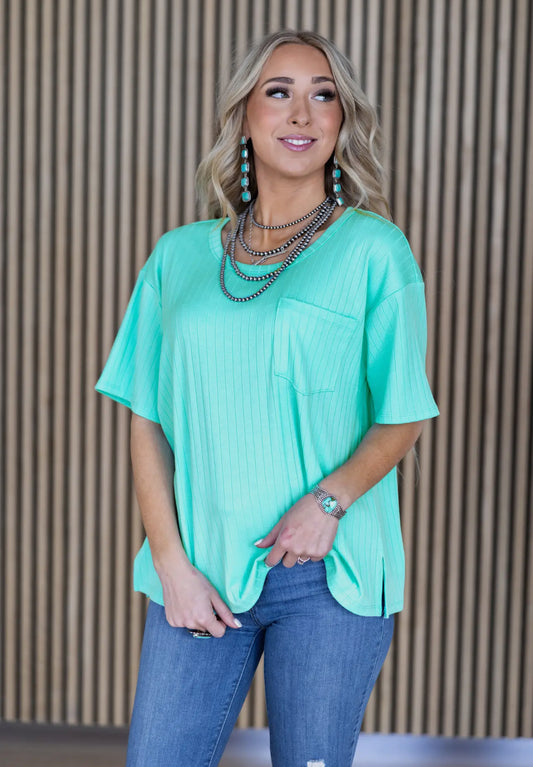 Mint Ribbed Pocket Tee