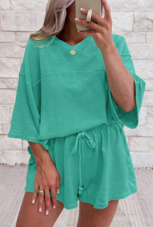 Sea Green Loose V-Neck Shirt & Shorts Set