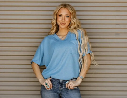 Ocean Blue Waffle V-Neck Tee