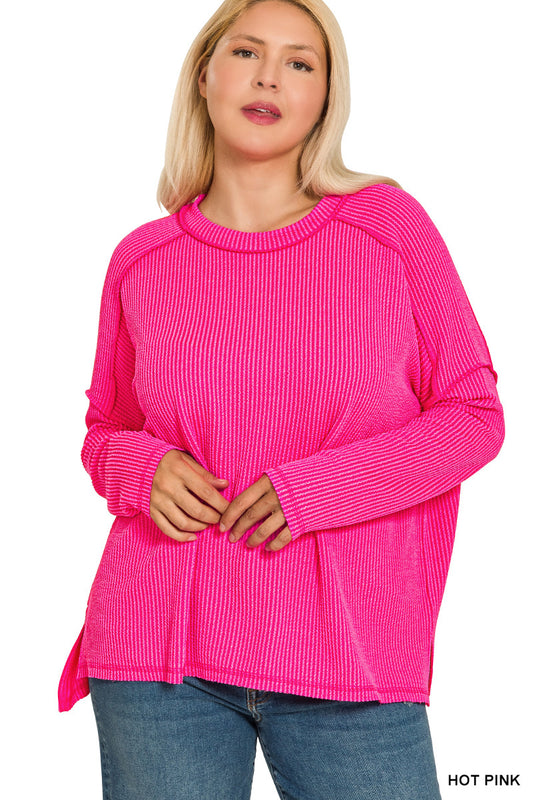 Curvy Ribbed round neck LS Tee-Hot Pink
