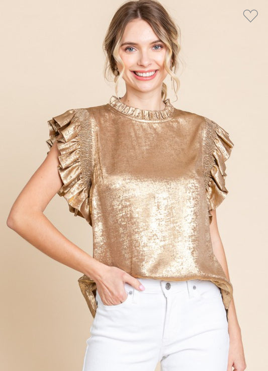 Gold Metallic Frilled Neck Top