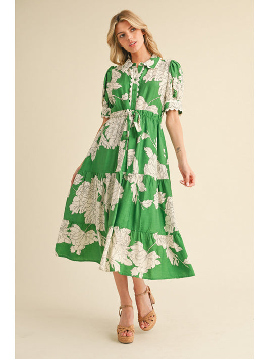 Green Floral Scalloped Midi Dress