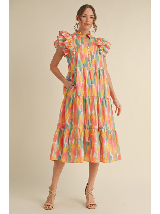 Coral Abstract MIDI Dress