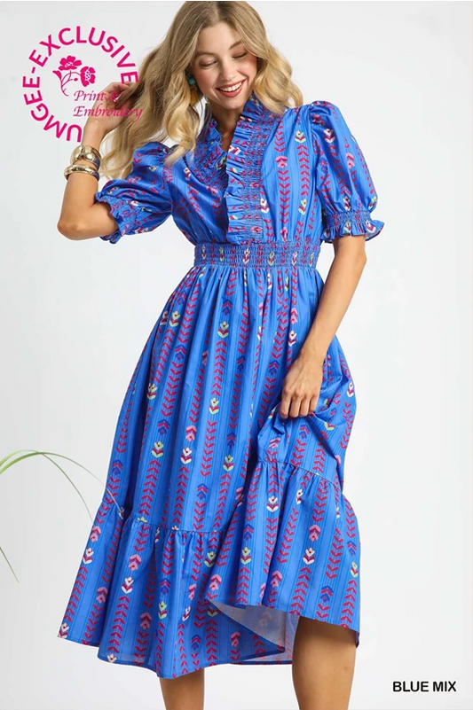 Blue Mix Ruffle Midi Dress