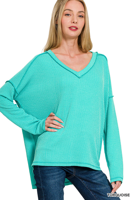 Ribbed V-neck LS Tee-Turquoise