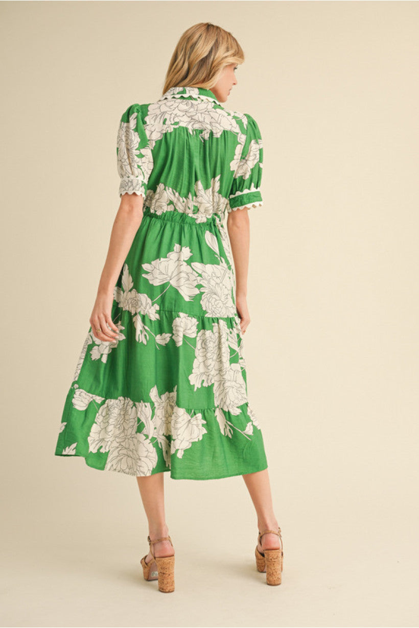 Green Floral Scalloped Midi Dress