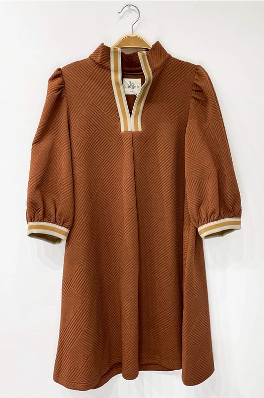 Brown High Neck Jacquard Mini Dress
