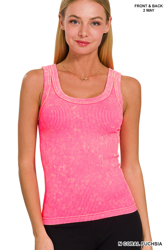 Acid Wash Tank Top-Neon Coral