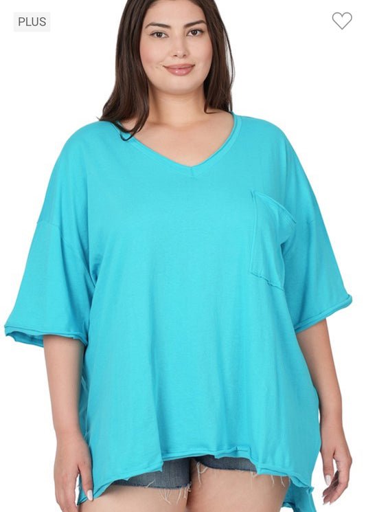 Oversized Front Pocket Tee-Ice Blue