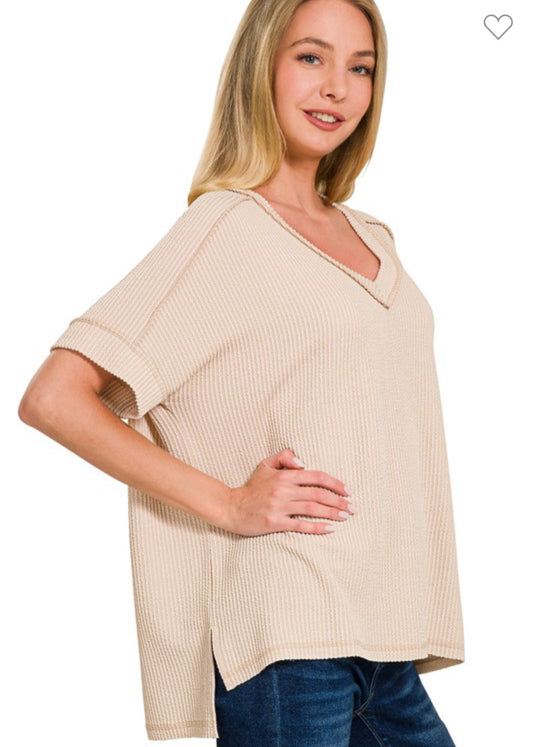 Ribbed Short Sleeve Top - Beige