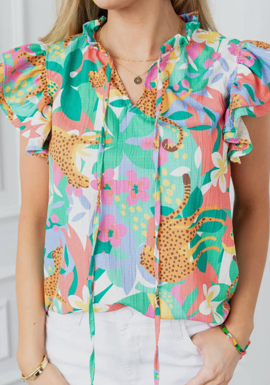 Floral Leopard Flutter Sleeve Blouse
