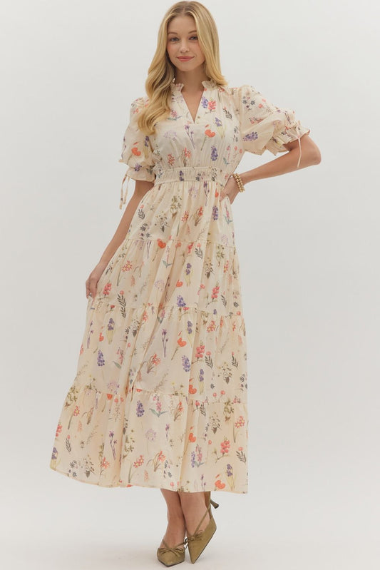 Cream Floral Midi Dress