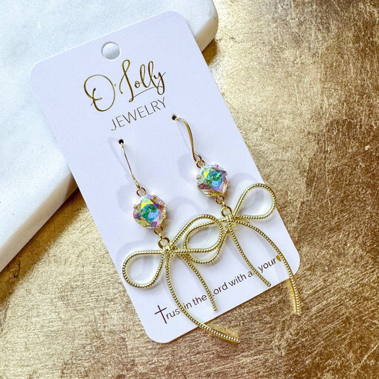 “Bow”- AB Stone w/Gold Textured Bow Dangle Earrings
