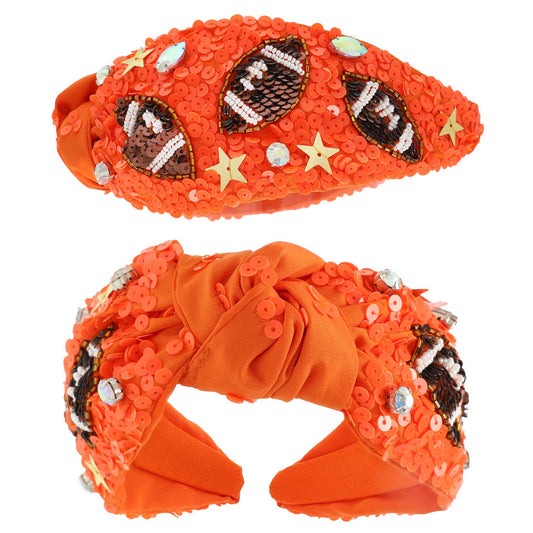 Football Top Knotted Jeweled Beaded Headband : Orange