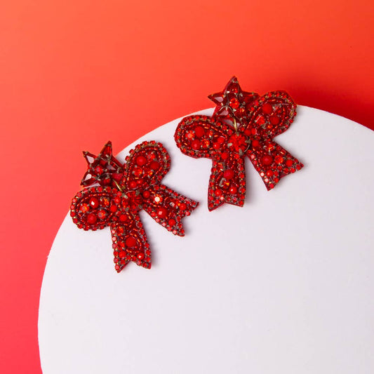 Holiday Christmas Bow Beaded Dangle Earrings