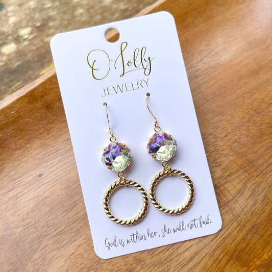 "Libby"- Clear Stone w/Gold Textured Circle Dangle Earrings