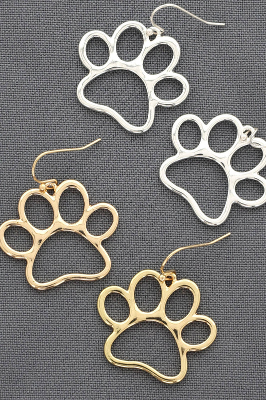 Metal Wire Paw Print Drop Hook Earrings: Gold