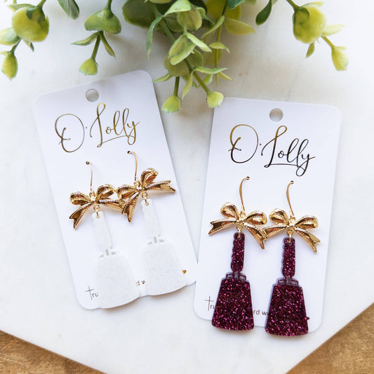 White or Maroon Acrylic Glitter Cowbell w/Gold Bow: Maroon